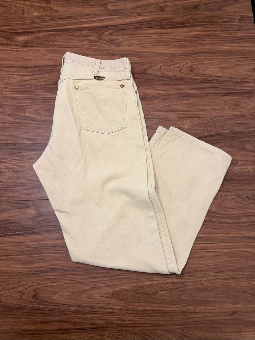 Vintage Wrangler USA Made Cream Denim Straight Jeans 34x32 Western Cowboy